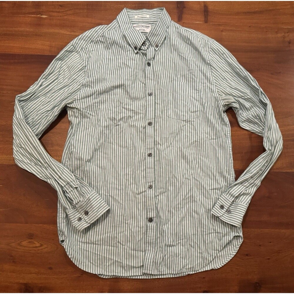 Lucky Brand Menโs Medium California Fit Green White Striped Button Down Shirt LS